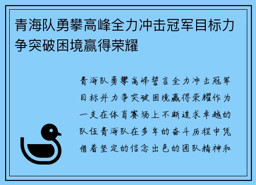 青海队勇攀高峰全力冲击冠军目标力争突破困境赢得荣耀