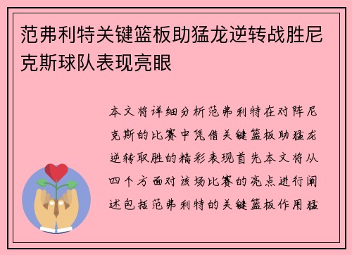 范弗利特关键篮板助猛龙逆转战胜尼克斯球队表现亮眼