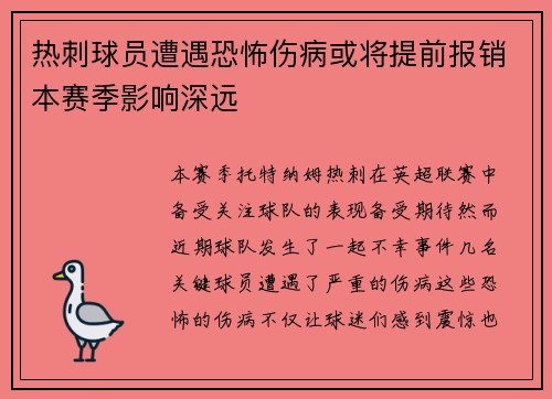 热刺球员遭遇恐怖伤病或将提前报销本赛季影响深远